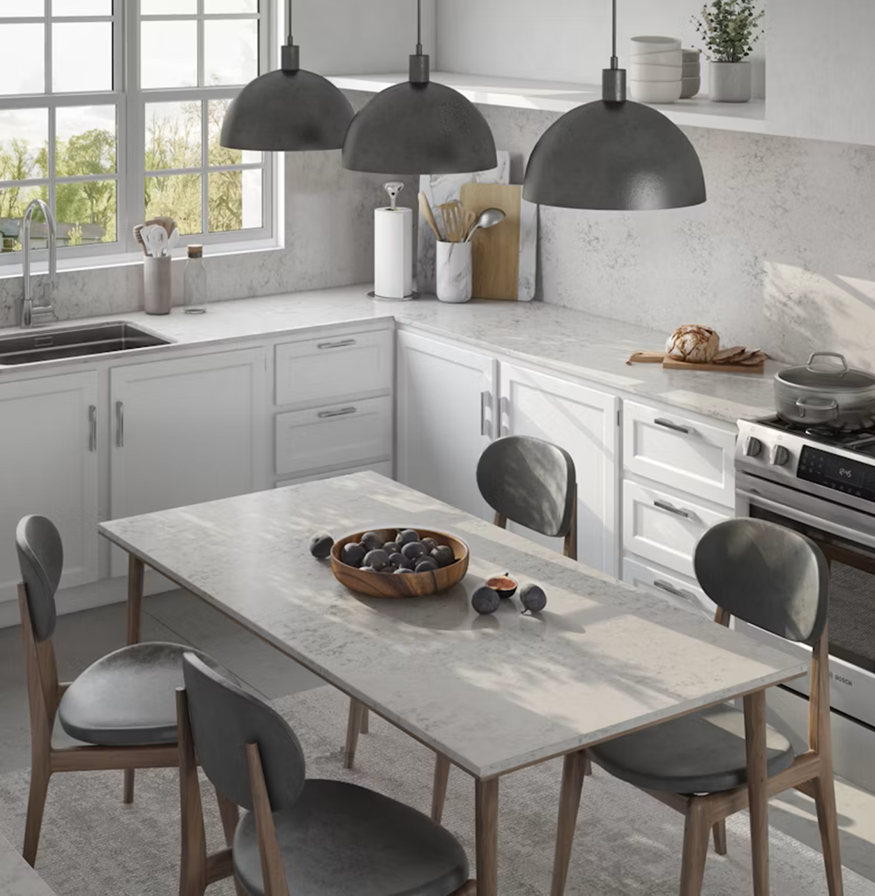 Silestone Helix countertop in a modern kitchen with a dining table and chairs.