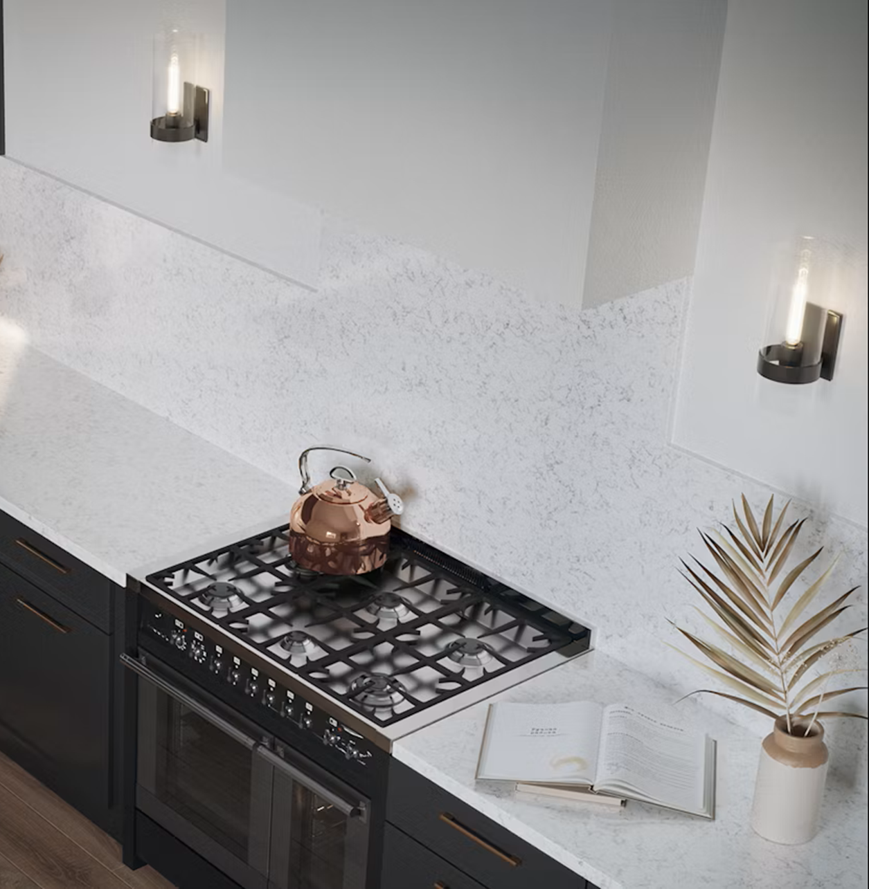 Silestone Lyra kitchen countertop with a copper kettle on a gas stove.