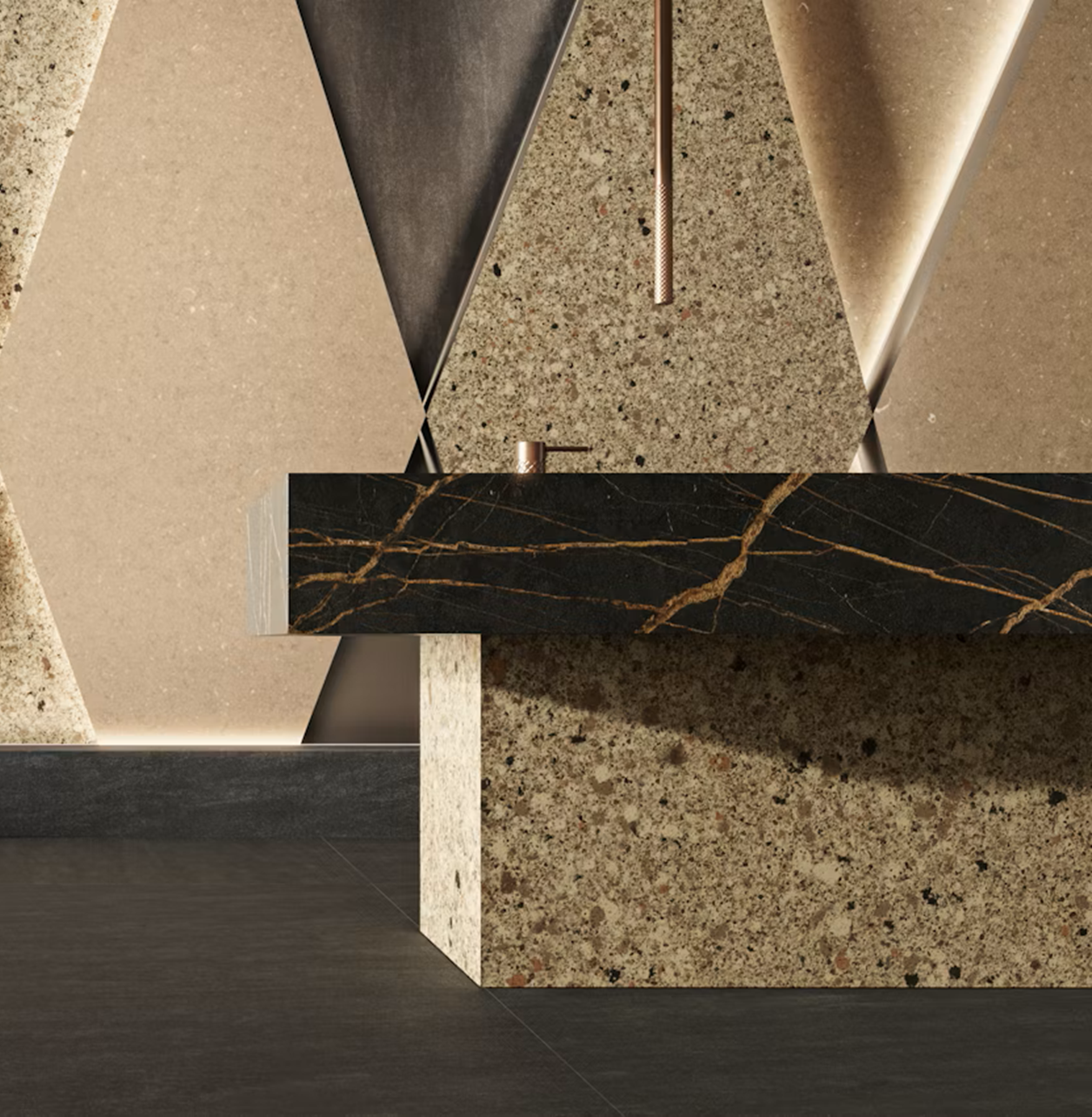 Sleek black countertop with gold veining over a textured stone base, part of Silestone Sienna Ridge 12.