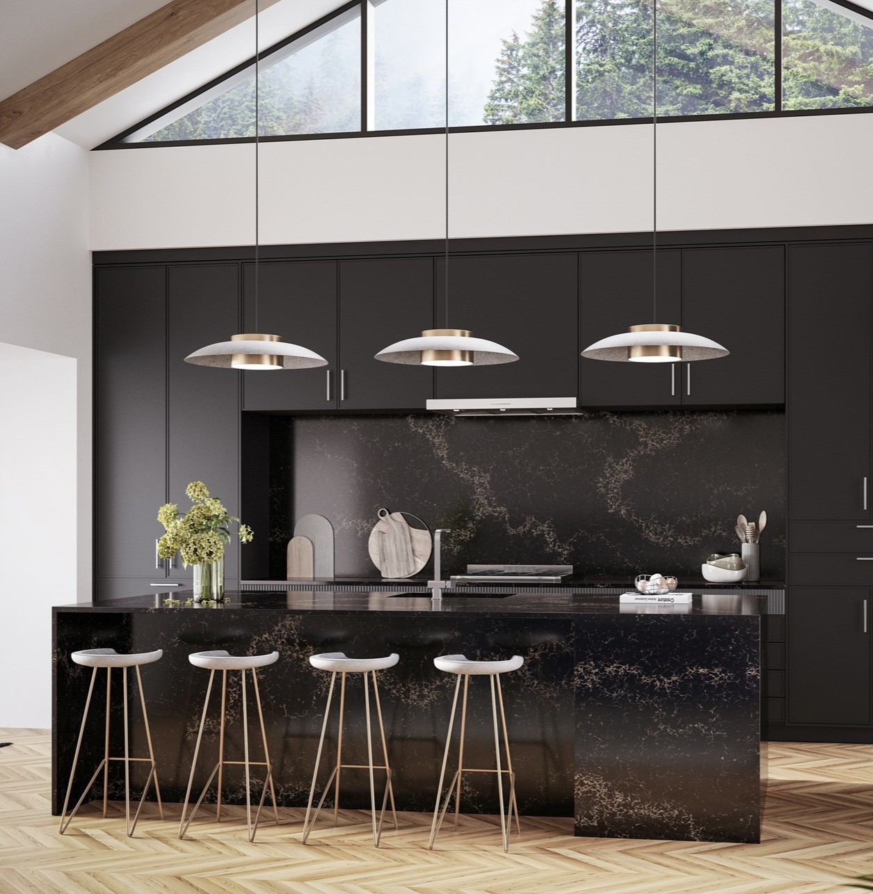Sleek black kitchen island with gold-legged stools and dramatic veined countertop.