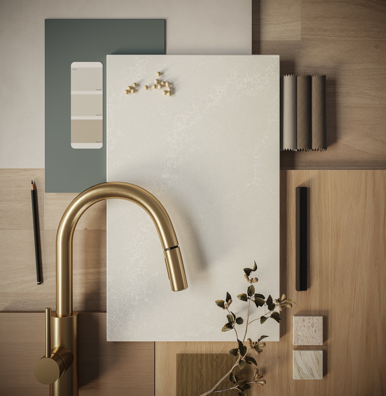 Matte gold faucet, paint swatches, pencil, wood textures, small plant, and stone samples arranged neatly.