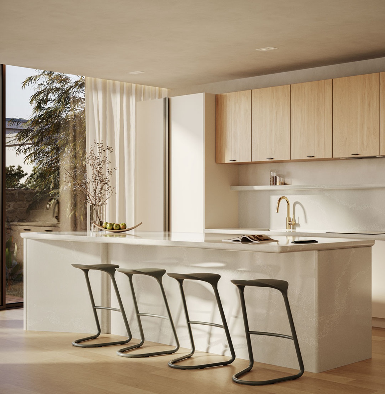 Minimalist kitchen with large island, four modern stools, wooden cabinets, and natural light.