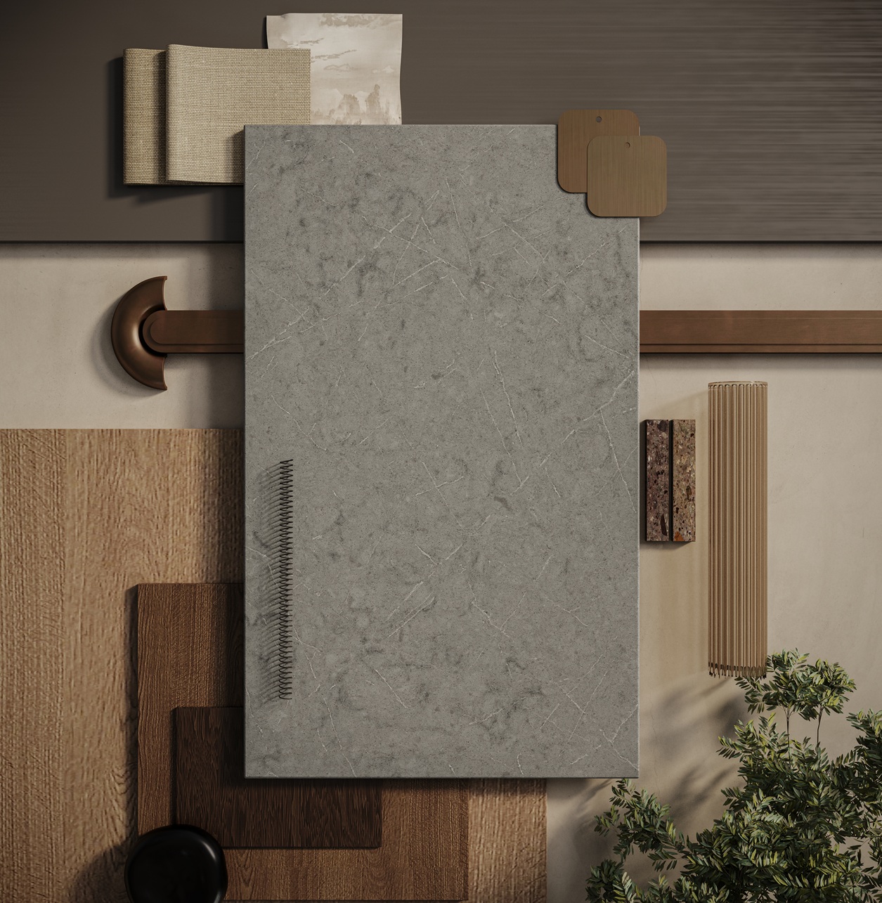 Neutral-toned fabric, wood, and tile samples arranged with a textured grey panel and greenery.