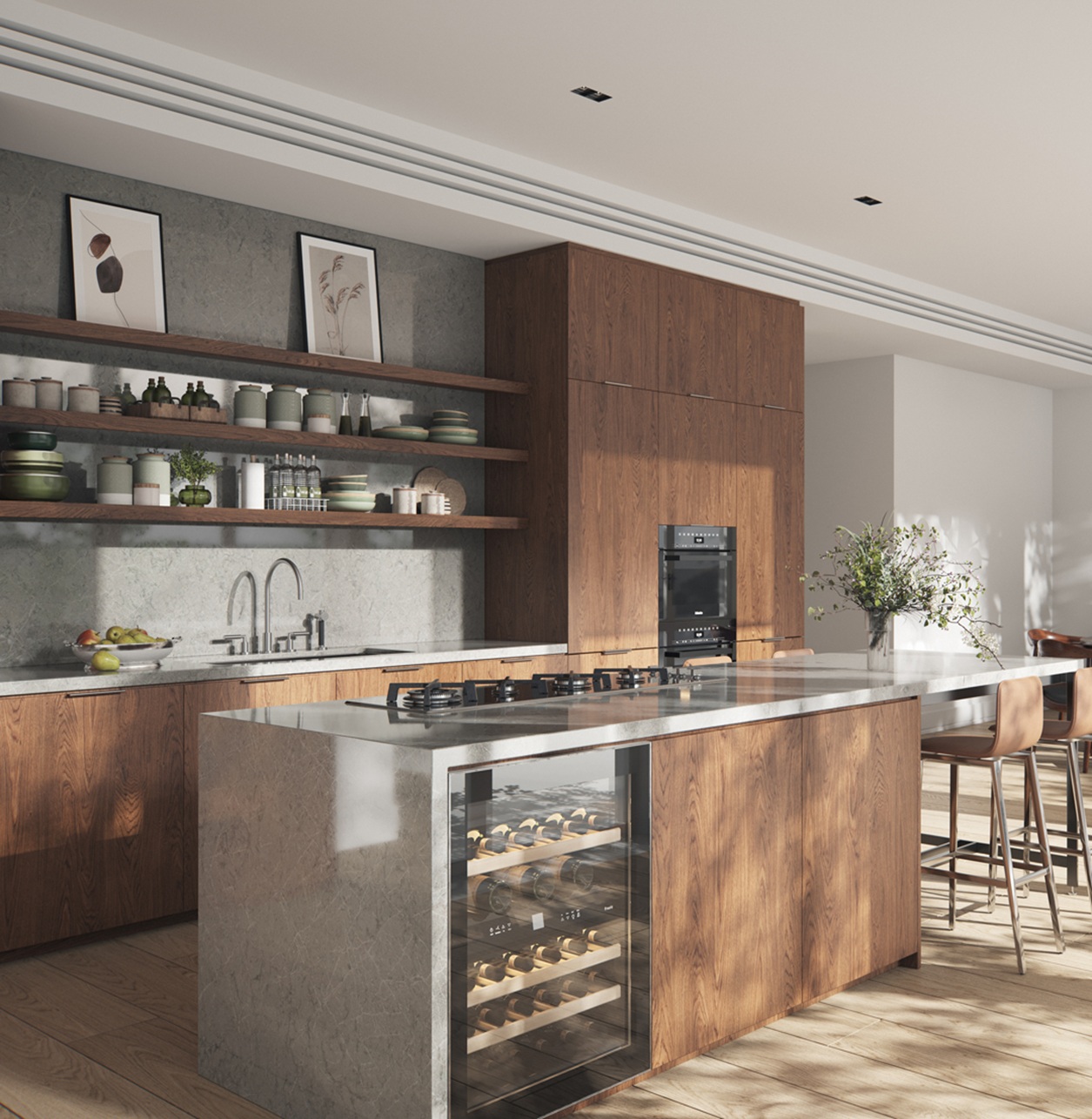 Modern kitchen with Caesarstone 5133 Symphony Grey island and wood cabinetry.