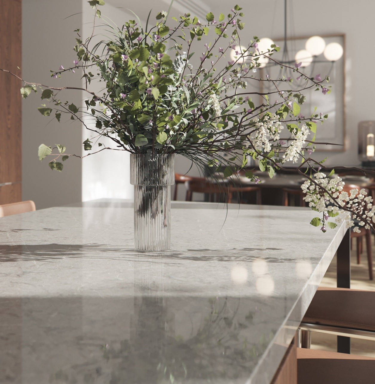 Vase of white and green flowers on Caesarstone 5133 Symphony Grey countertop