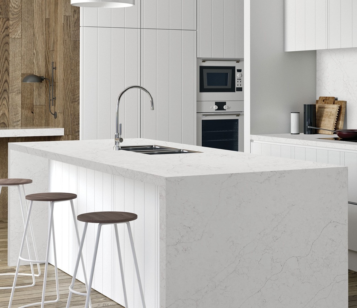 Avant Quartz 7200 Aquitaine Blanca countertop in a modern white kitchen with wood accents.