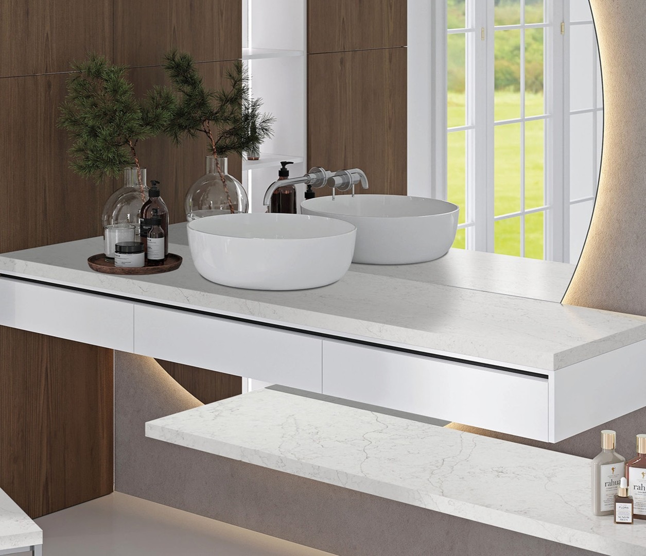 Avant Quartz 7200 Aquitaine Blanca countertop with double sinks in a modern bathroom.