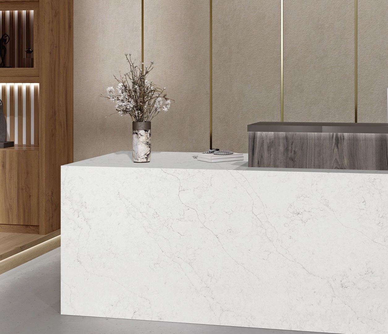 Avant Quartz 7200 Aquitaine Blanca reception desk with modern interior design