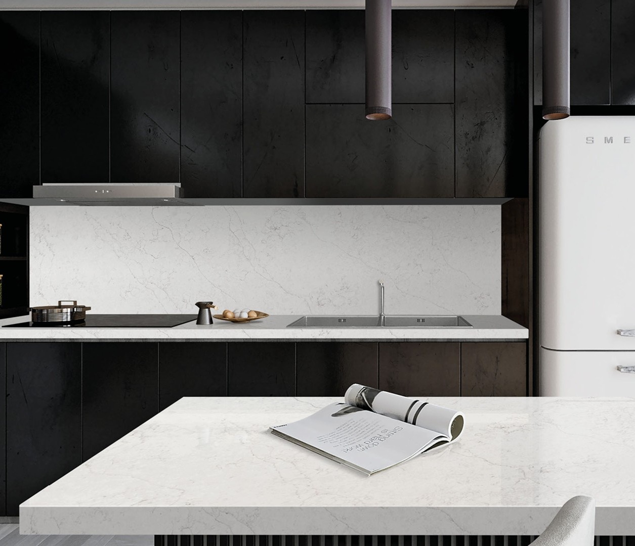 Modern kitchen with Avant Quartz 7200 Aquitaine Blanca countertops and black cabinetry