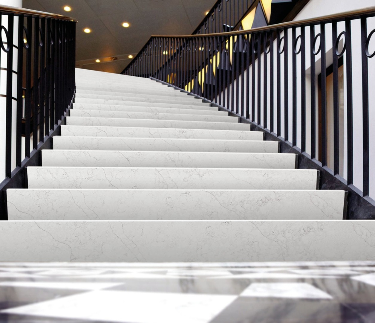 Avant Quartz 7200 Aquitaine Blanca stairs in a modern building