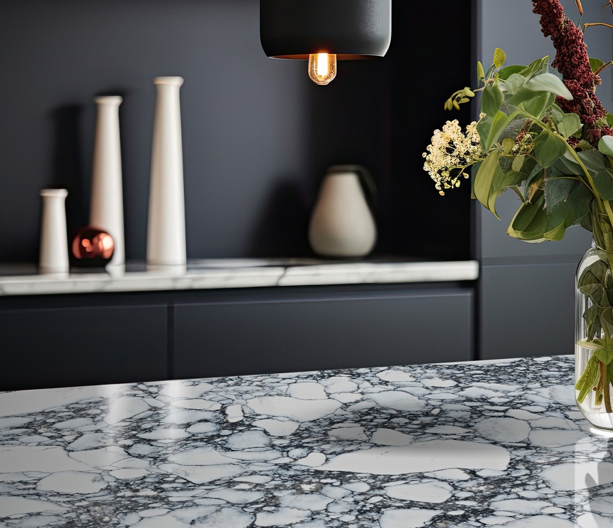 Avant Quartz 9070 Arabescato Alencon countertop with modern kitchen decor
