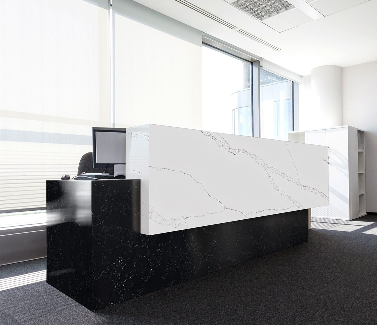 Avant Quartz 7000 Calacatta Eno reception desk with black base