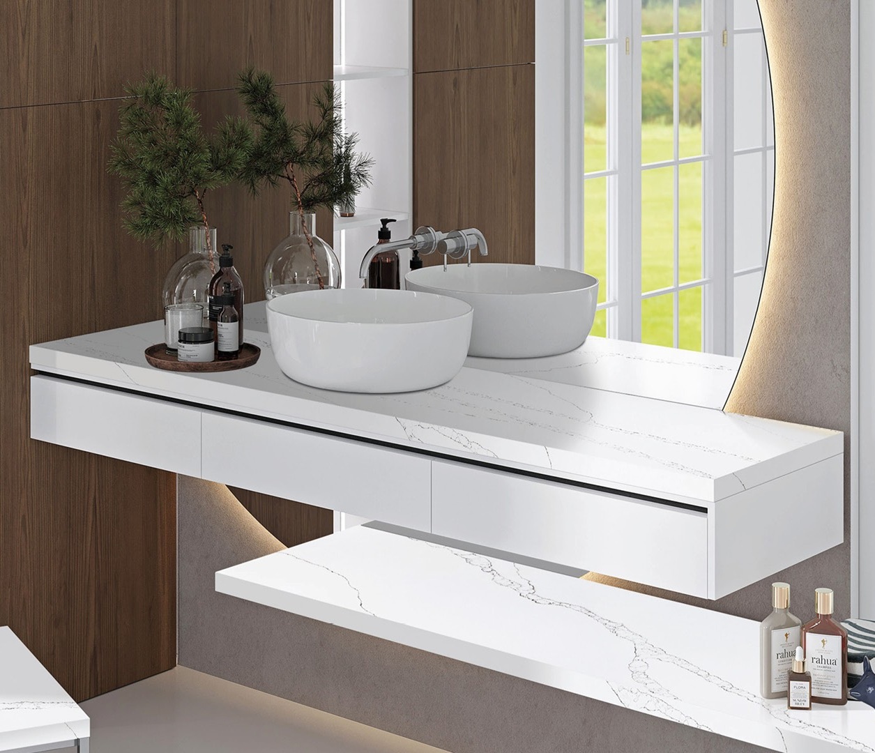 Avant Quartz 7000 Calacatta Eno vanity with double sinks and waterfall edge