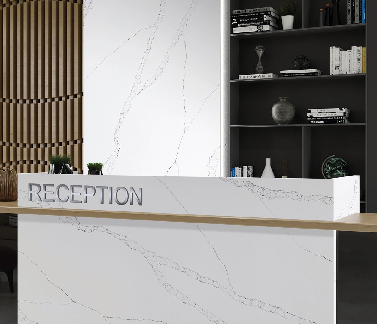 Avant Quartz 7000 Calacatta Eno reception desk with modern shelving