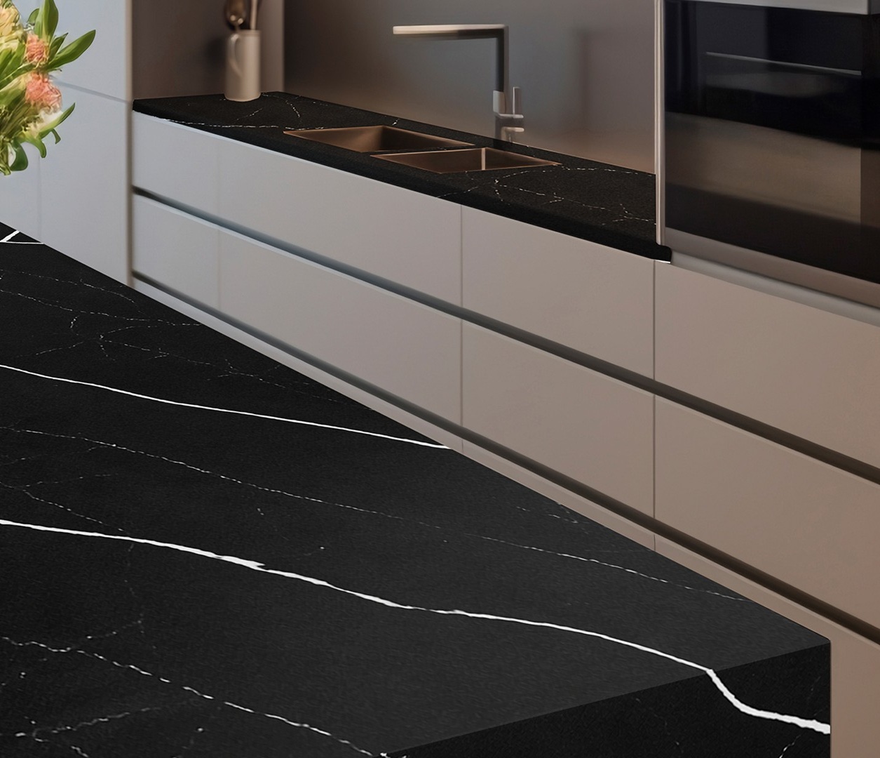 Avant Quartz 7060 Calacatta Mont Saint-Michel countertop with white veining