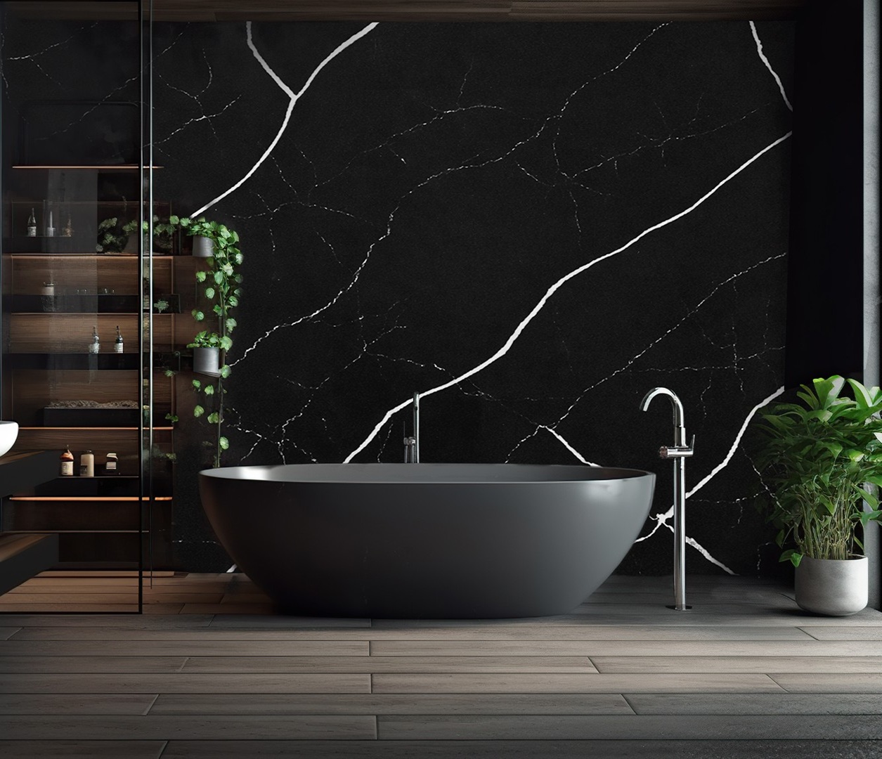 Modern bathroom with black marble wall, freestanding tub, and Avant Quartz