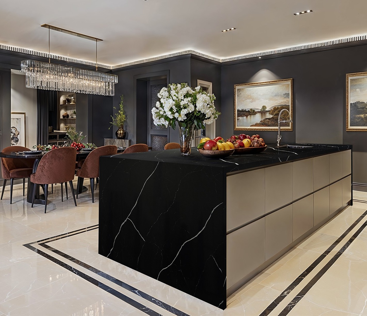 Avant Quartz 7060 Calacatta Mont Saint-Michel countertop in a modern kitchen island.