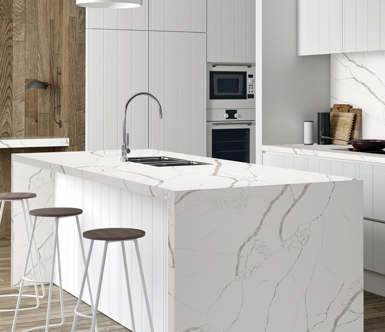 Avant Quartz 7400 Calacatta Dauphine countertop in a modern kitchen with white cabinetry and stools.