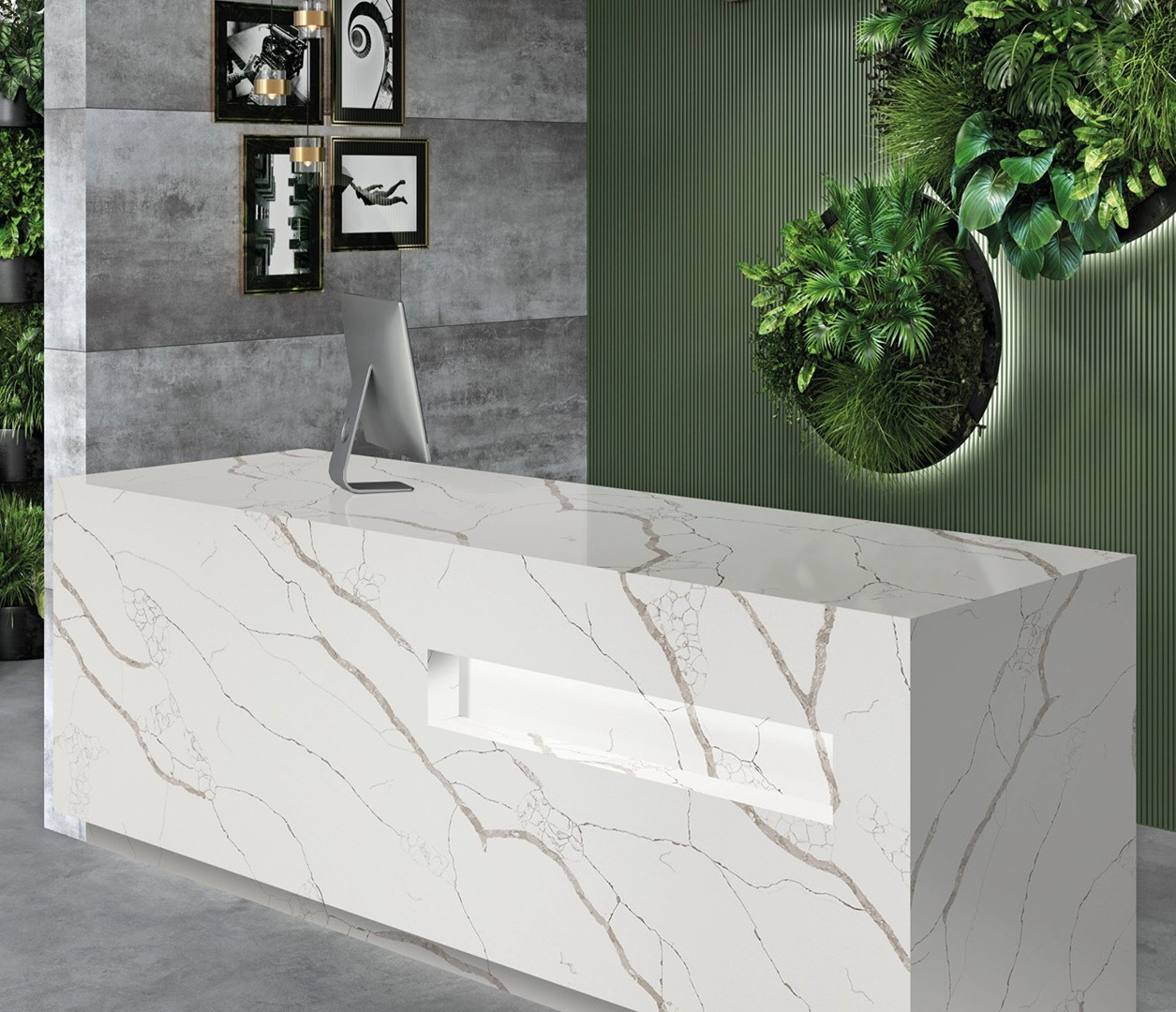 Avant Quartz 7400 Calacatta Dauphine reception desk with modern decor.
