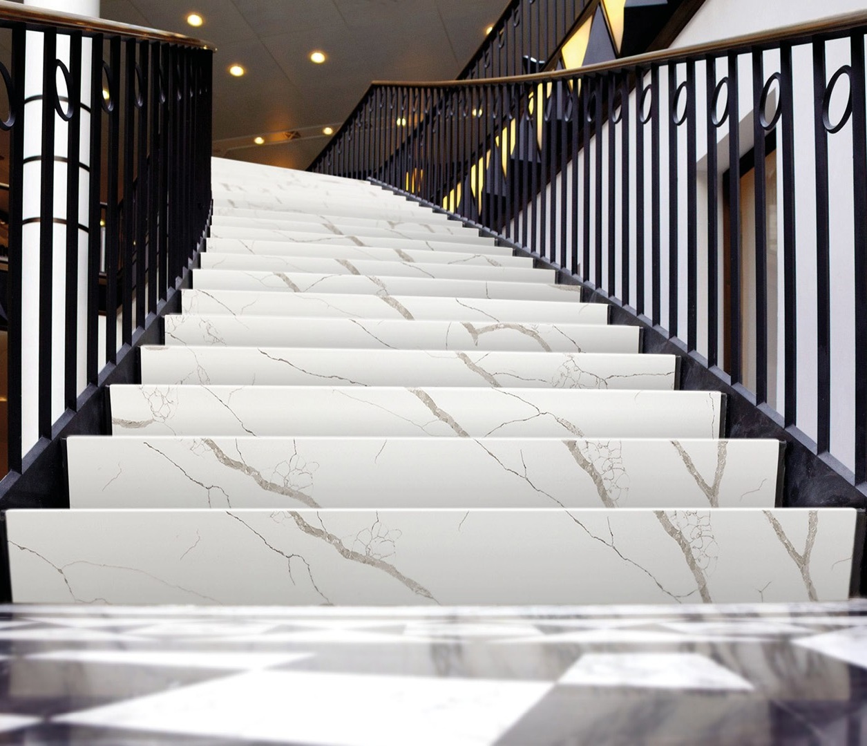 Avant Quartz 7400 Calacatta Dauphine stairs in a modern home