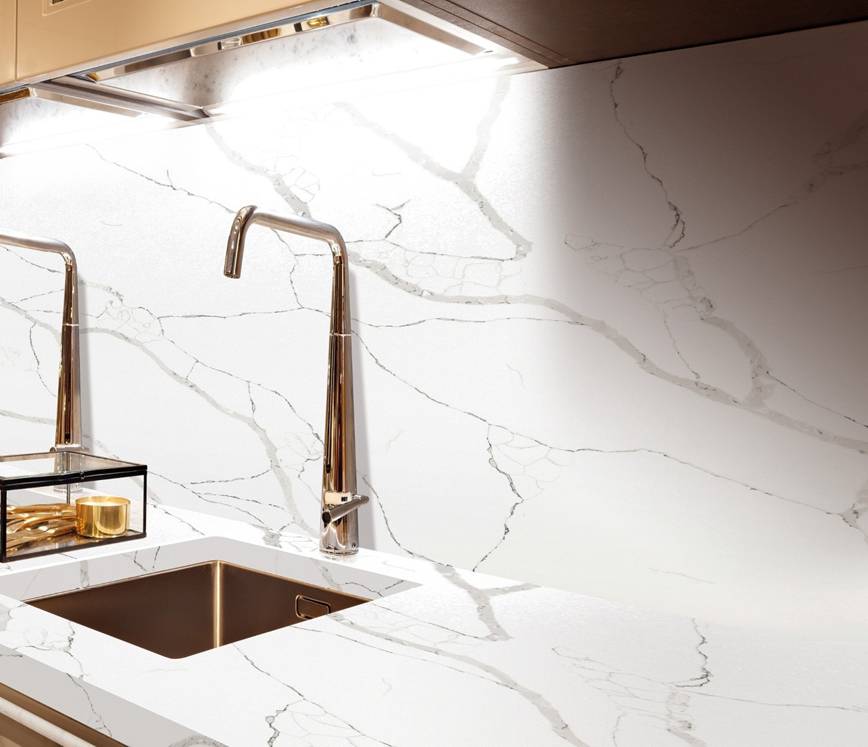 Avant Quartz 7400 Calacatta Dauphine countertop and backsplash with modern faucet.