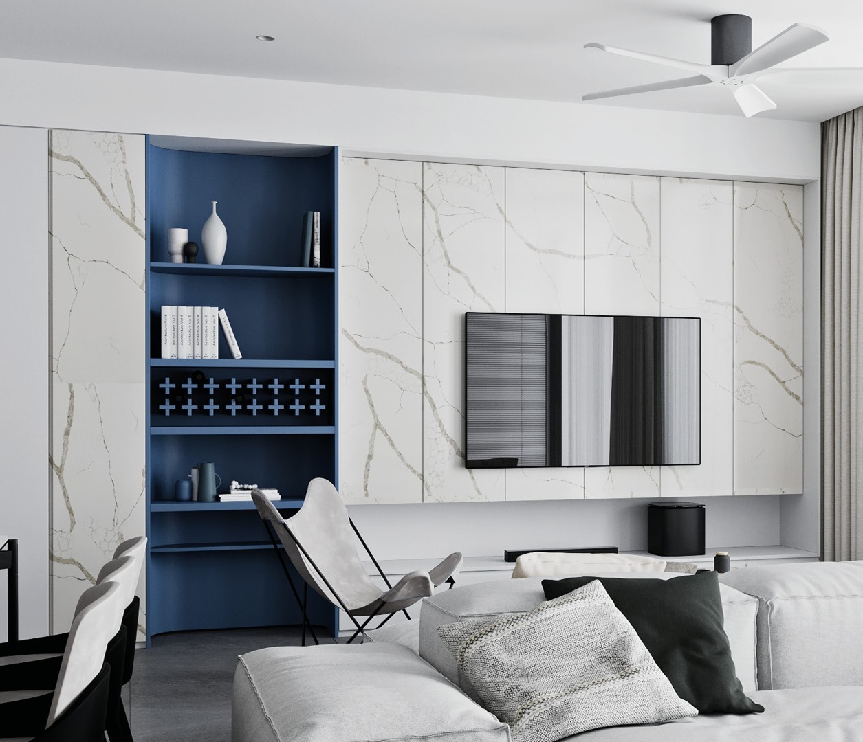Avant Quartz 7400 Calacatta Dauphine on modern living room wall
