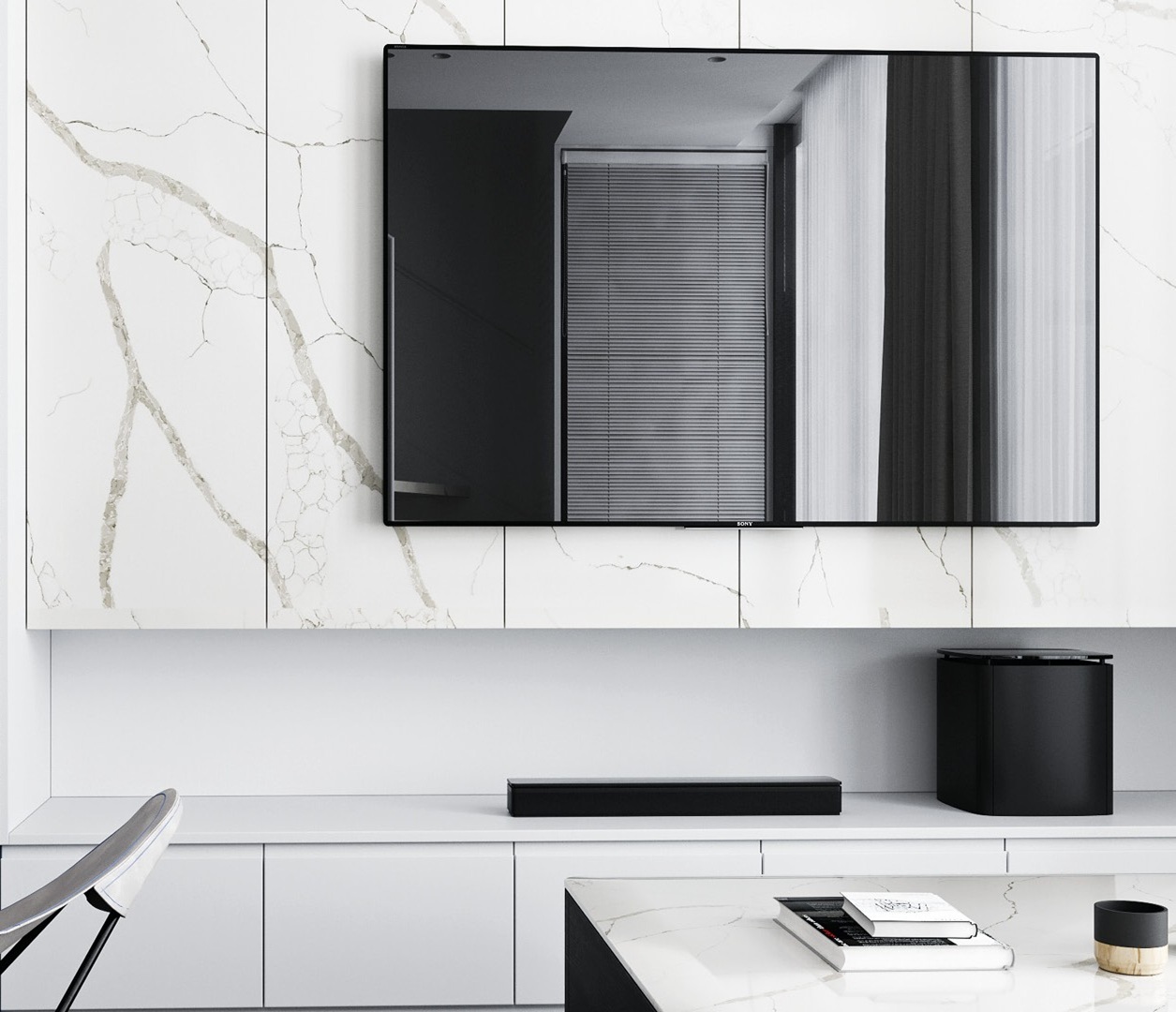 Avant Quartz 7400 Calacatta Dauphine wall with modern TV and soundbar