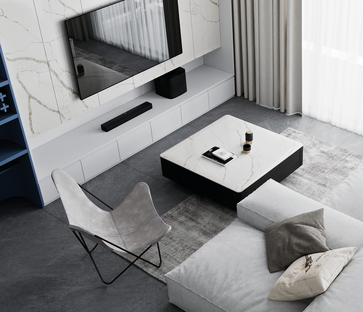 Living room featuring Avant Quartz 7400 Calacatta Dauphine on the coffee table and wall.
