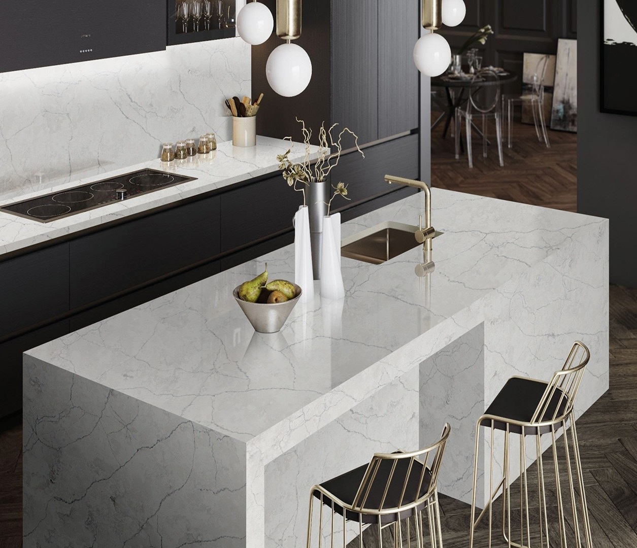 Avant Quartz 7540 Calacatta Concorde kitchen island with bar stools.