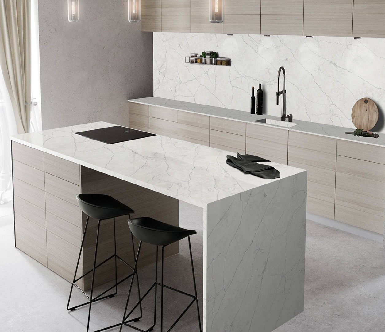 Avant Quartz 7540 Calacatta Concorde kitchen island with modern stools