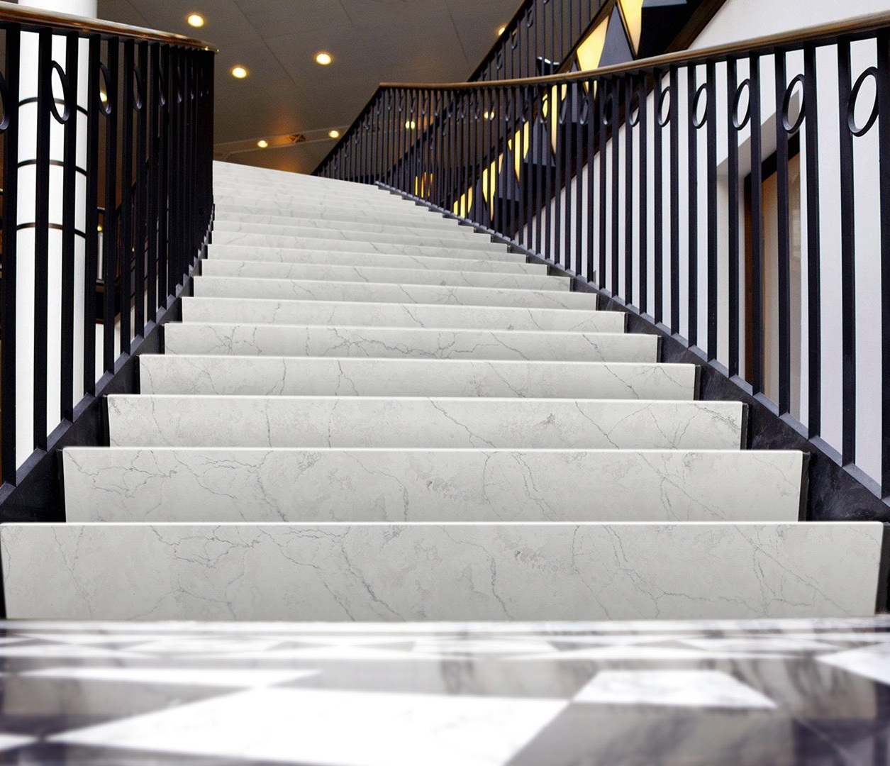 Avant Quartz 7540 Calacatta Concorde steps on a grand staircase.
