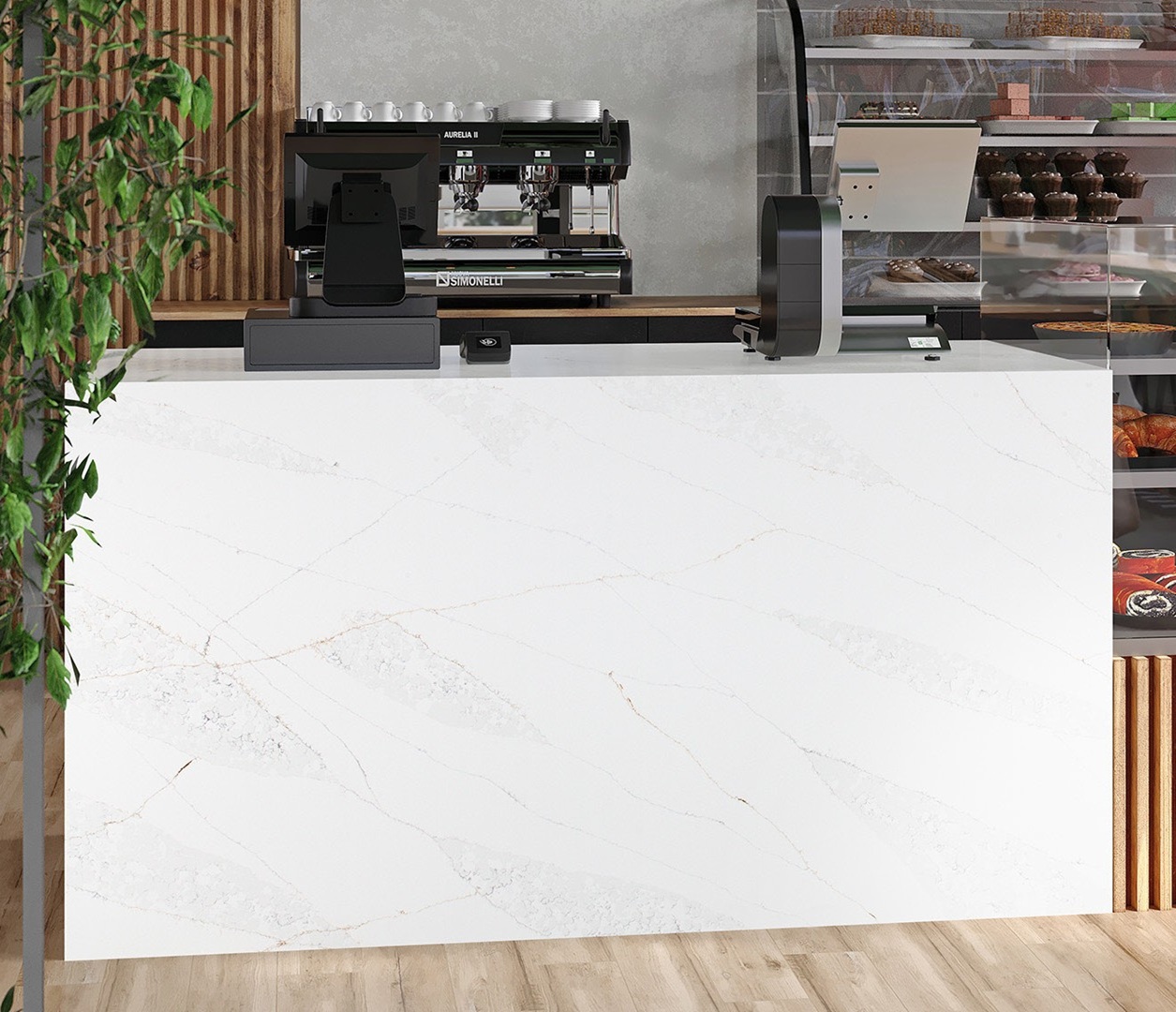 Avant Quartz 7570 Calacatta Monaco countertop in a modern cafe setting