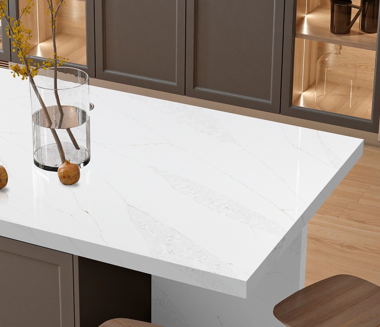 Avant Quartz 7570 Calacatta Monaco countertop with subtle veining, showcasing a modern kitchen island.