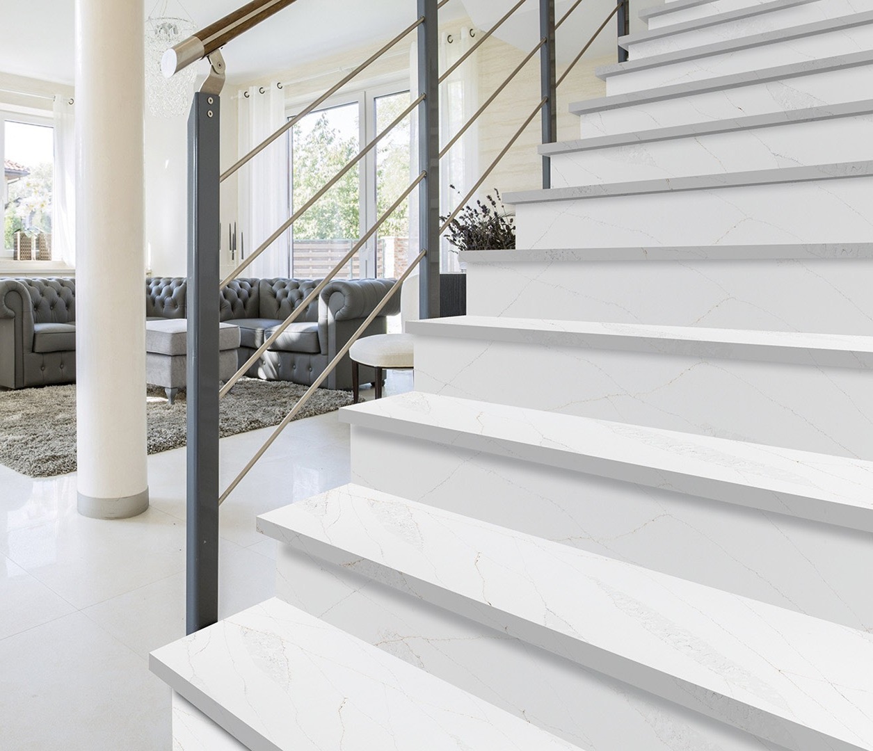 Avant Quartz 7570 Calacatta Monaco stair treads in a modern home