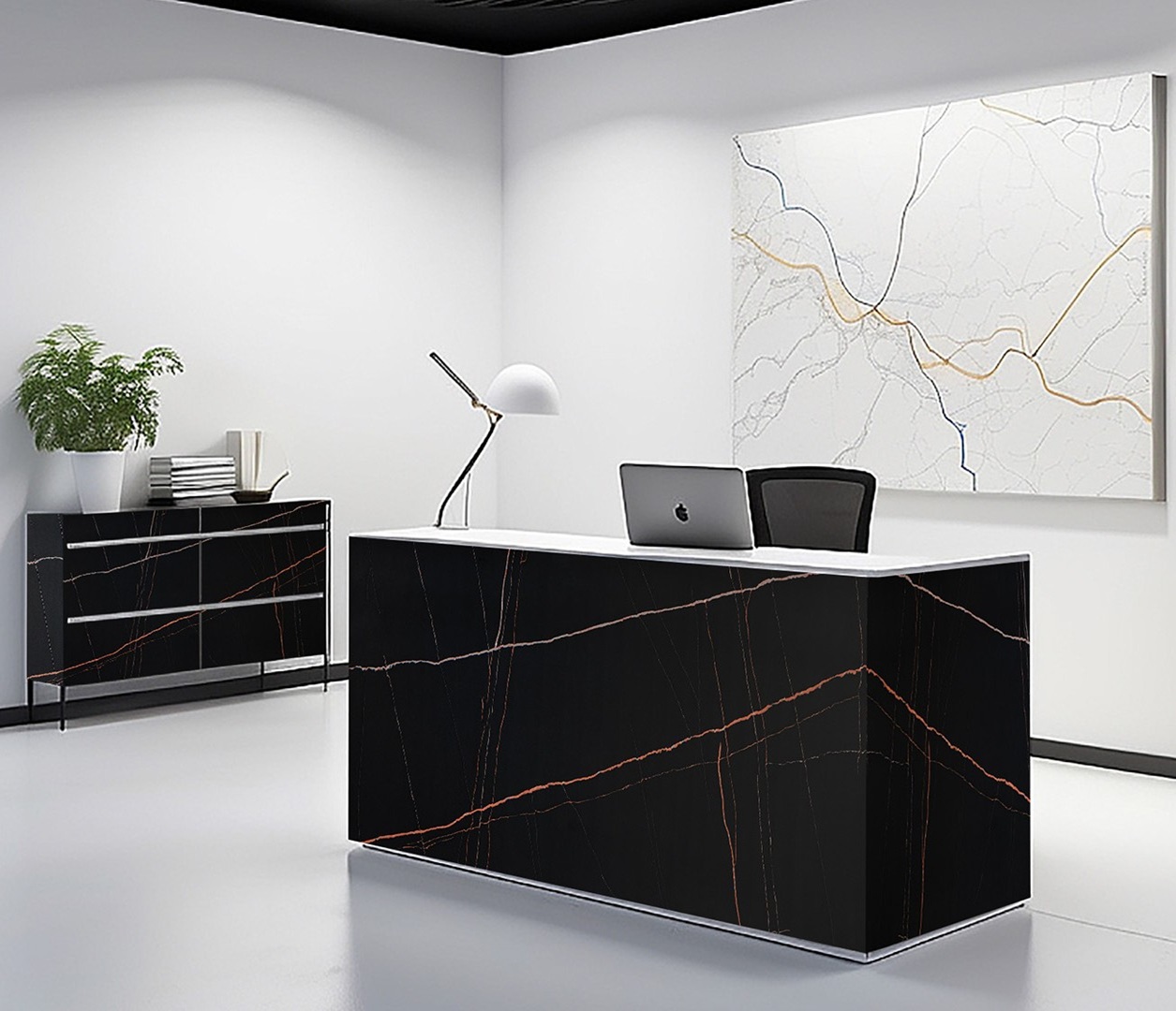 Avant Quartz 7700 Calacatta Marseille reception desk with modern office interior.