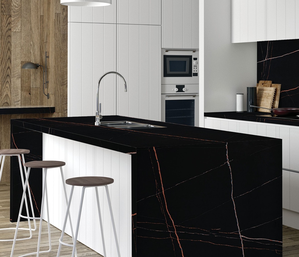 Avant Quartz 7700 Calacatta Marseille countertop in a modern kitchen with white cabinets and wooden accents.