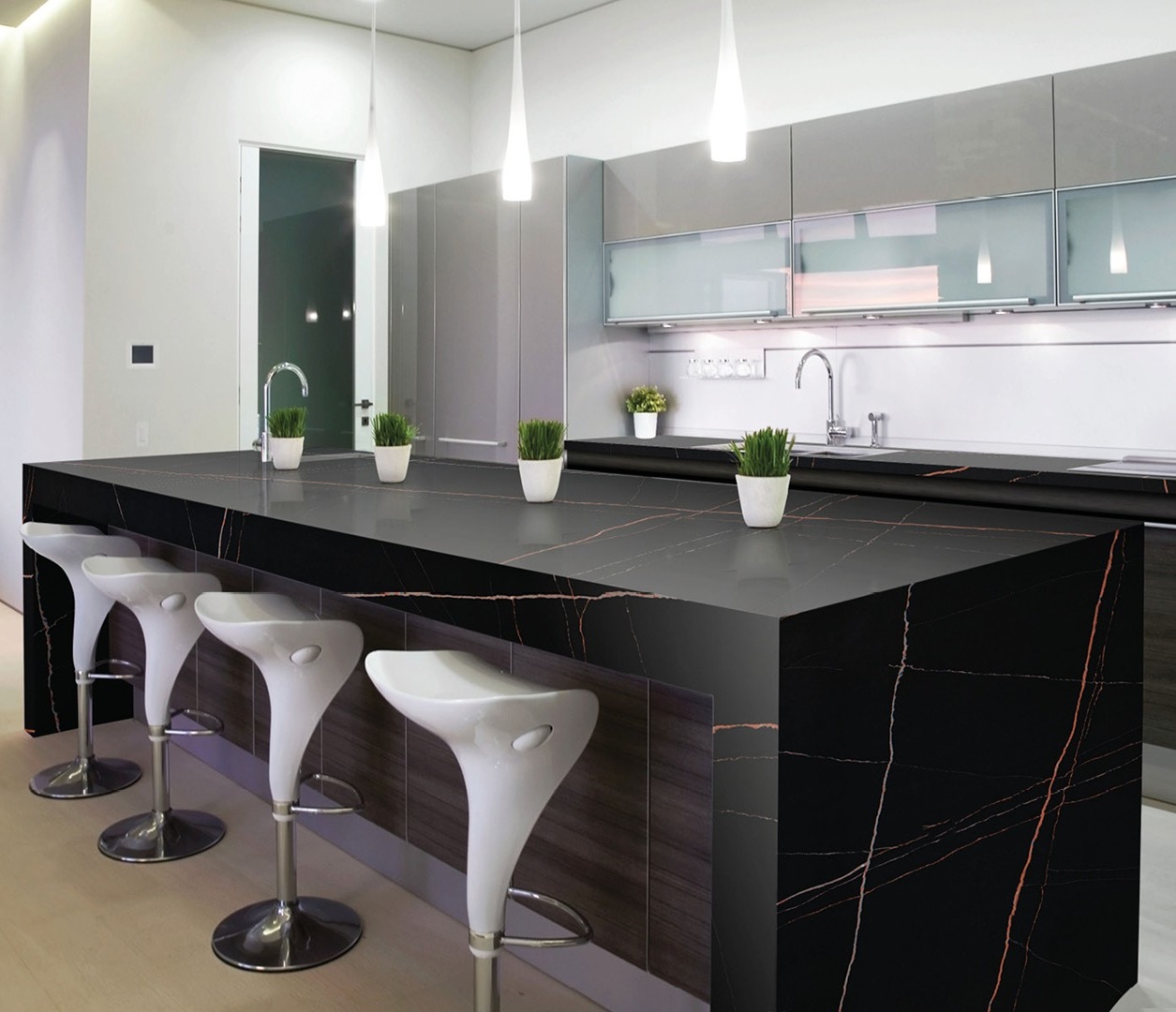 Avant Quartz 7700 Calacatta Marseille countertop with bar stools