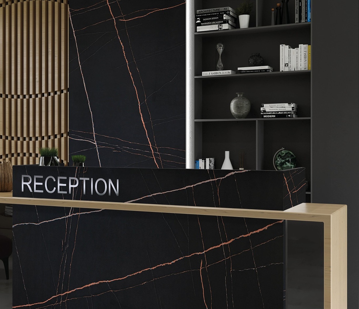 Reception desk with Avant Quartz 7700 Calacatta Marseille countertop and "RECEPTION" sign.