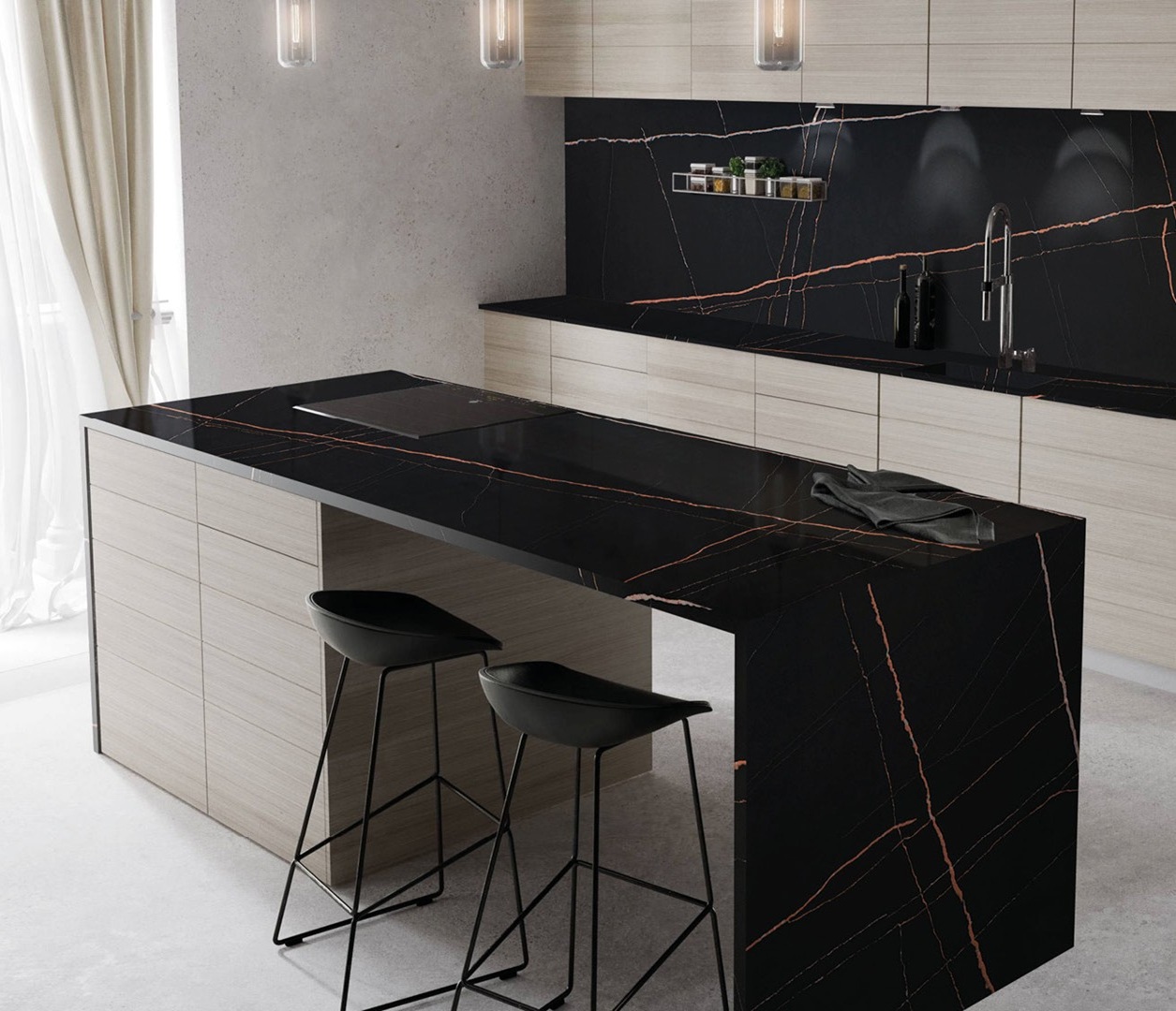 Avant Quartz 7700 Calacatta Marseille island with black countertop and stools