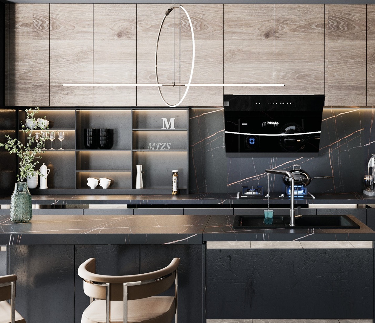 Avant Quartz 7700 Calacatta Marseille countertop in a modern black and wood kitchen.