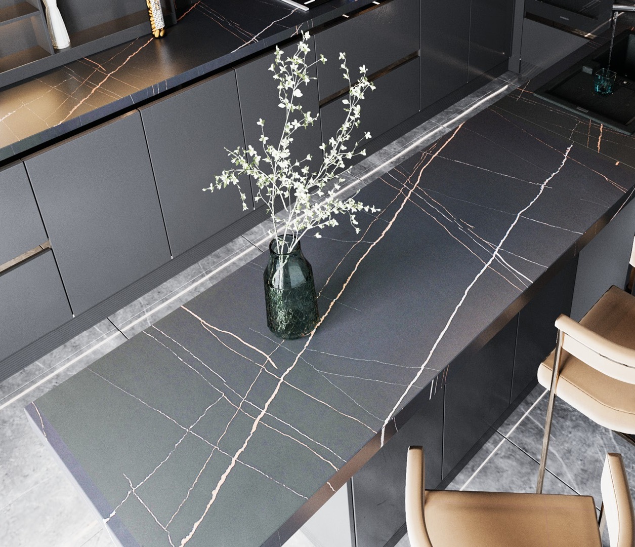 Avant Quartz 7700 Calacatta Marseille countertop with modern kitchen island and stools
