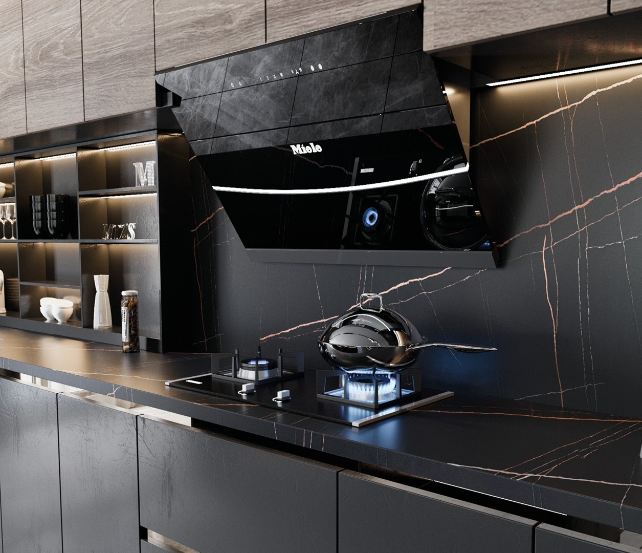 Avant Quartz 7700 Calacatta Marseille countertop with a modern black kitchen setup