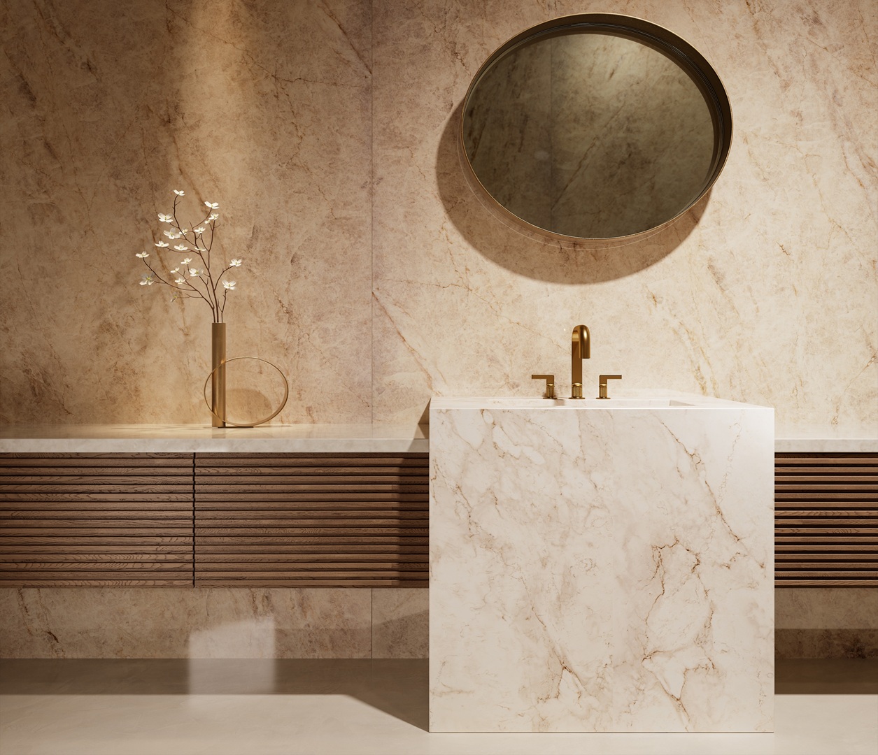 Eclos Tajnar bathroom with marble vanity, brass faucet, and modern wood cabinets.