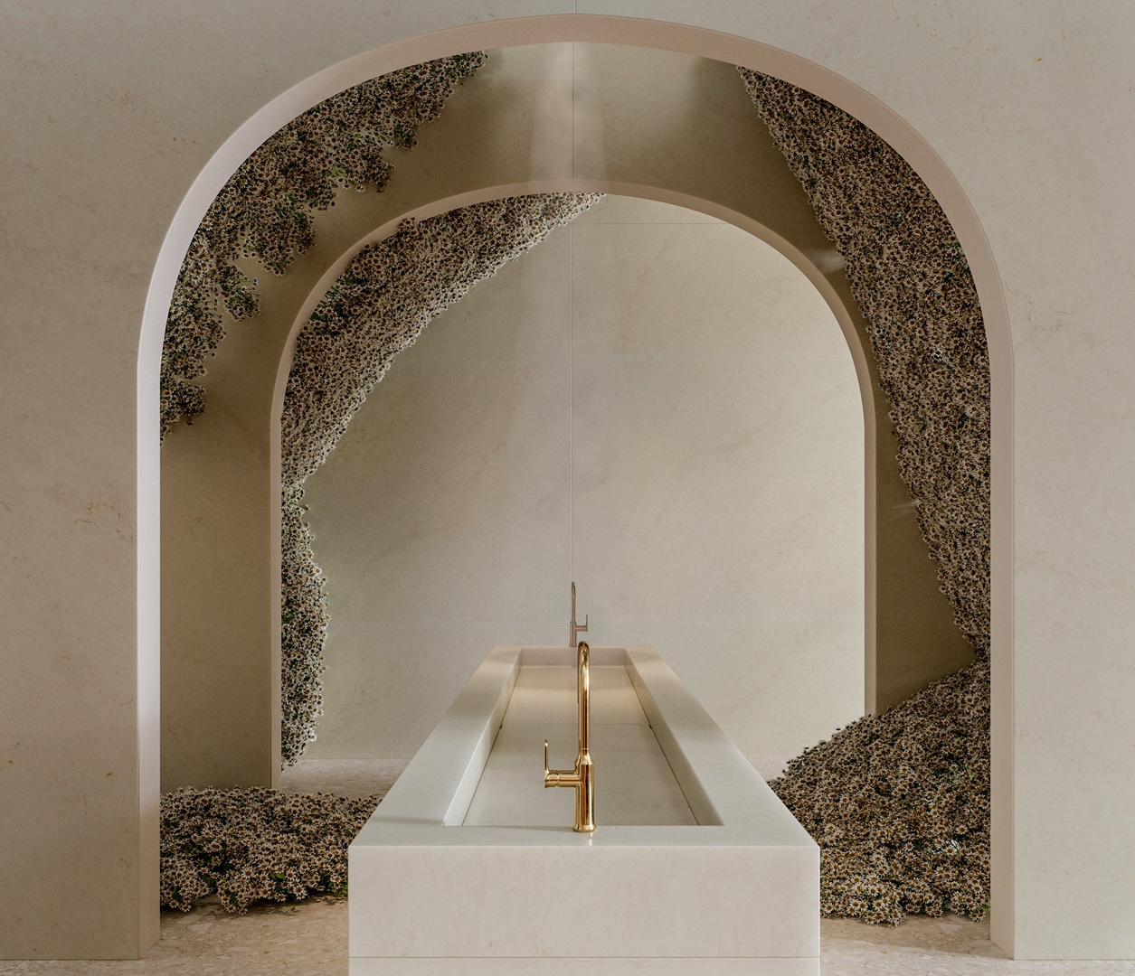 Eclos Sandr bathroom: marble sink with brass faucet, arched doorways, floral accents.