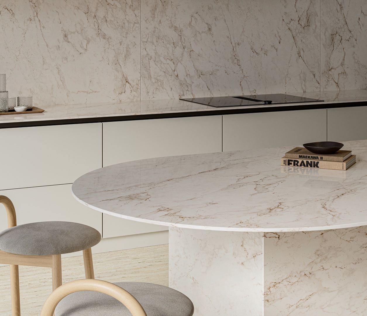 Eclos Landr kitchen with marble island and chairs.