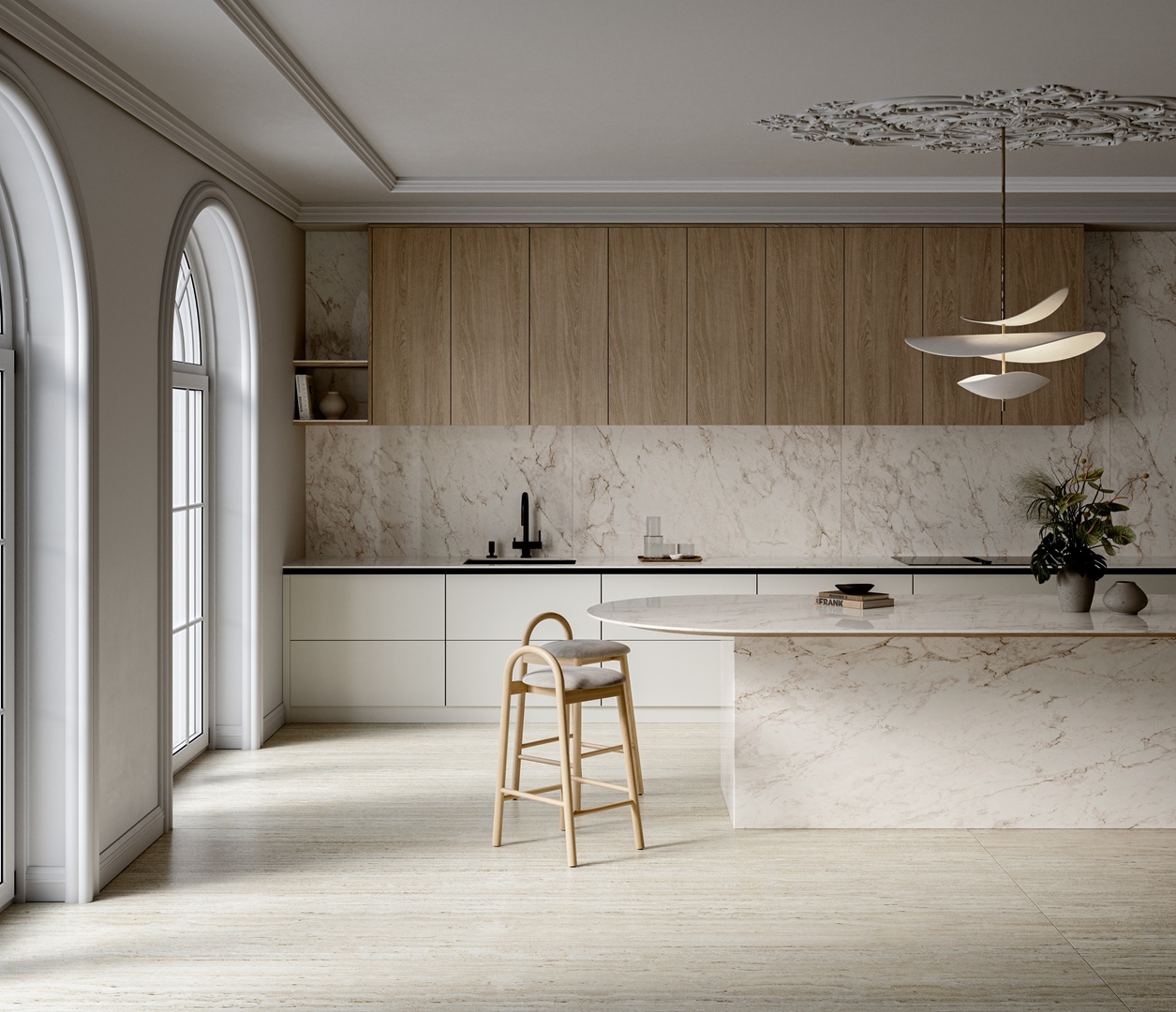 Modern Eclos Landr kitchen with marble island and wood cabinets