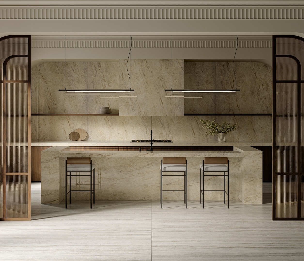 Eclos Tajnar kitchen: modern island, marble finishes, and minimalist pendant lights.