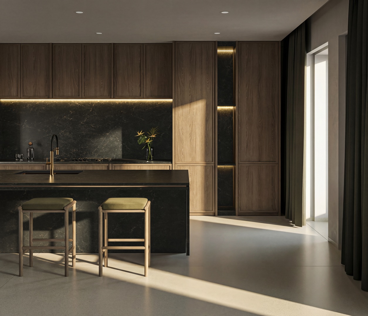 Modern kitchen with dark stone island, wood cabinets, and natural light