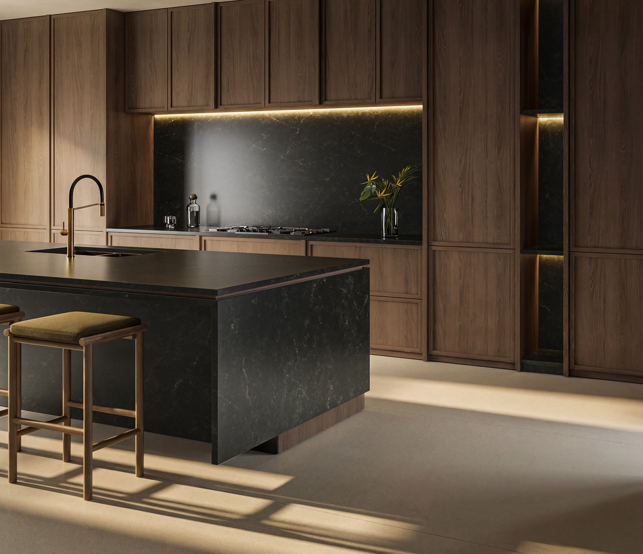 Eclos Phantome: Modern dark wood kitchen with a large marble island.