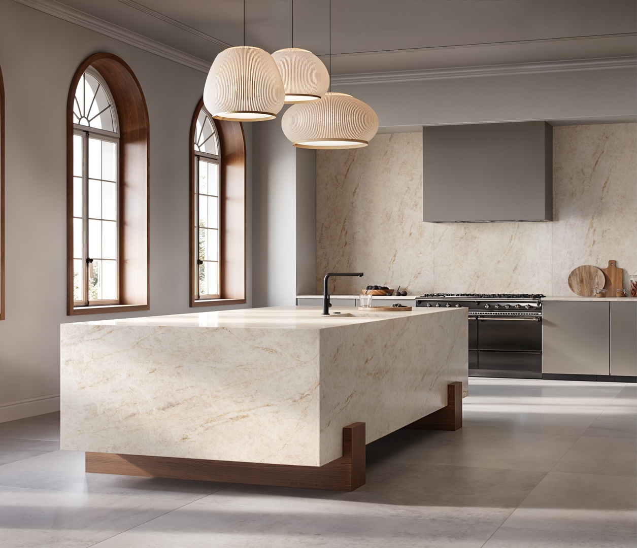 Eclos Tajnar kitchen island with marble countertop and modern pendant lights.